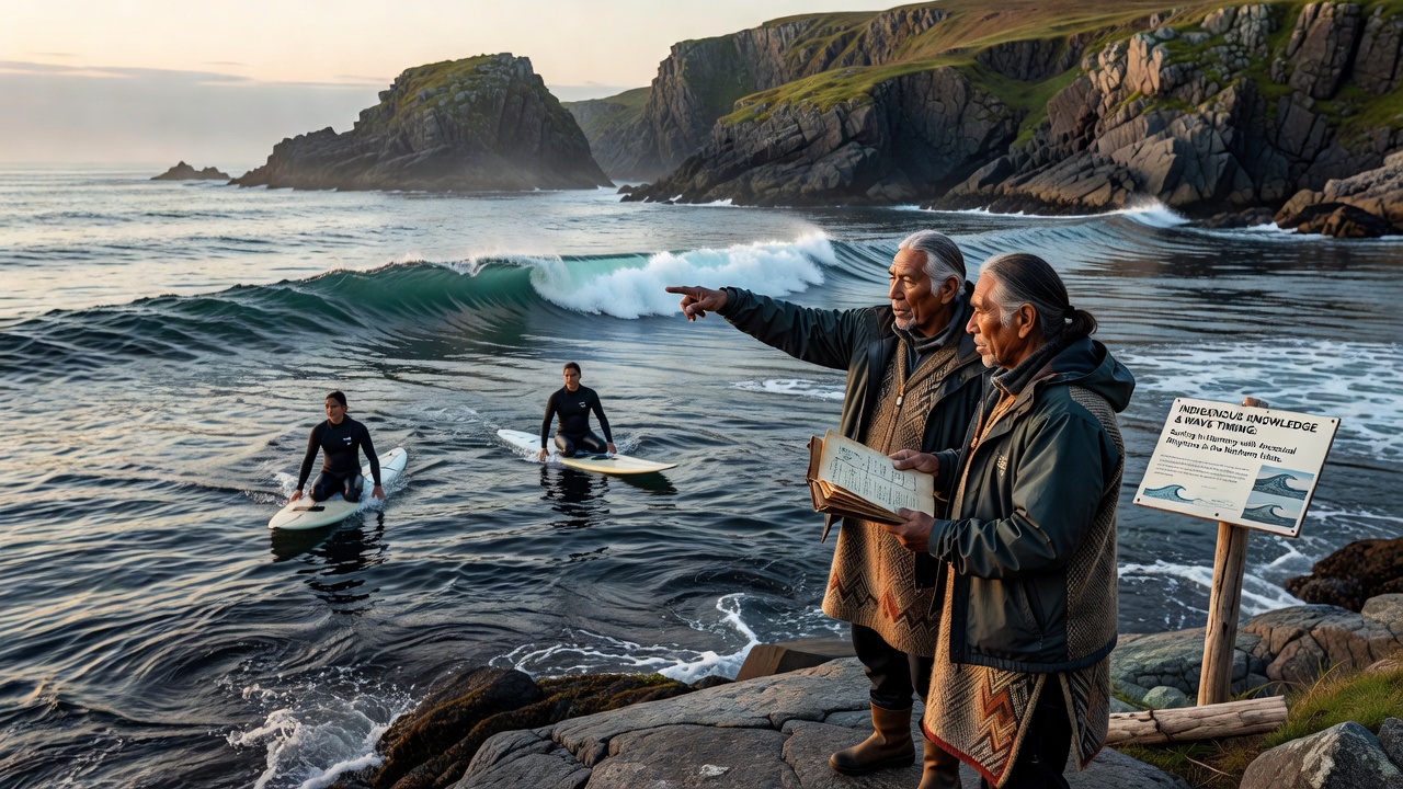 Traditional indicators like bird behavior and cloud formations used for wave timing in northern inlets