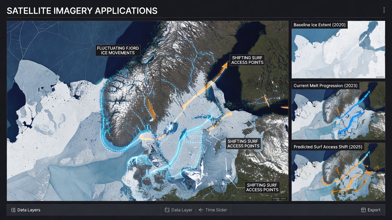 Satellite Imagery Applications Revealing Shifting Surf Access Points Amid Fluctuating Fjord Ice Movements