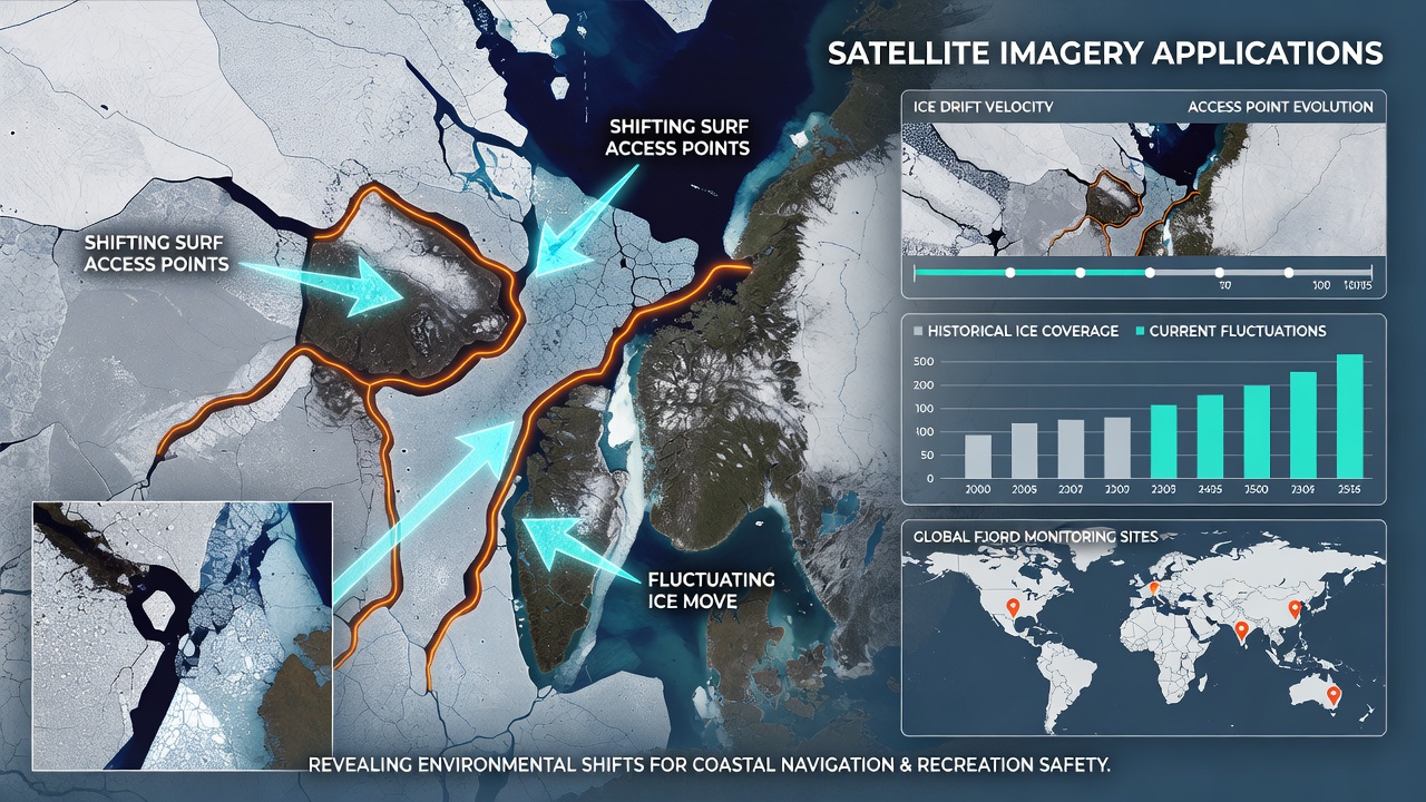 Processed satellite composite showing ice edge changes and resulting surf access variations in a fjord system