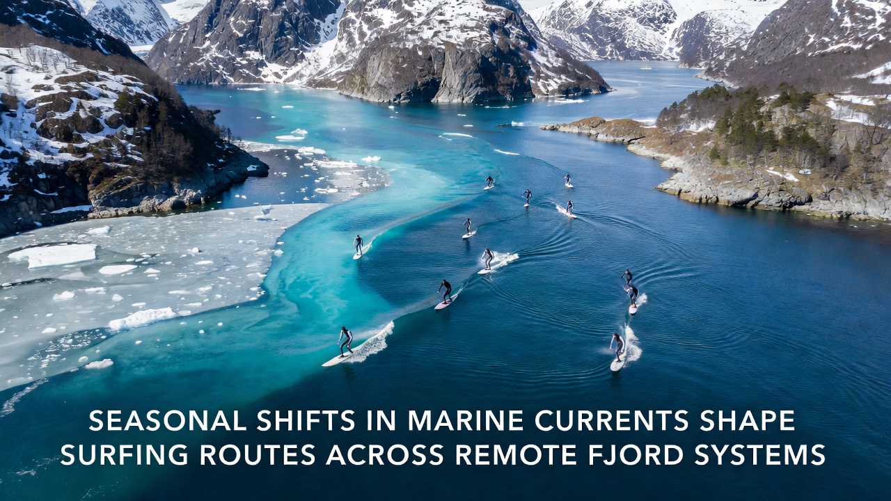 Surfer navigating a narrow fjord channel with visible current lines and rocky cliffs in background