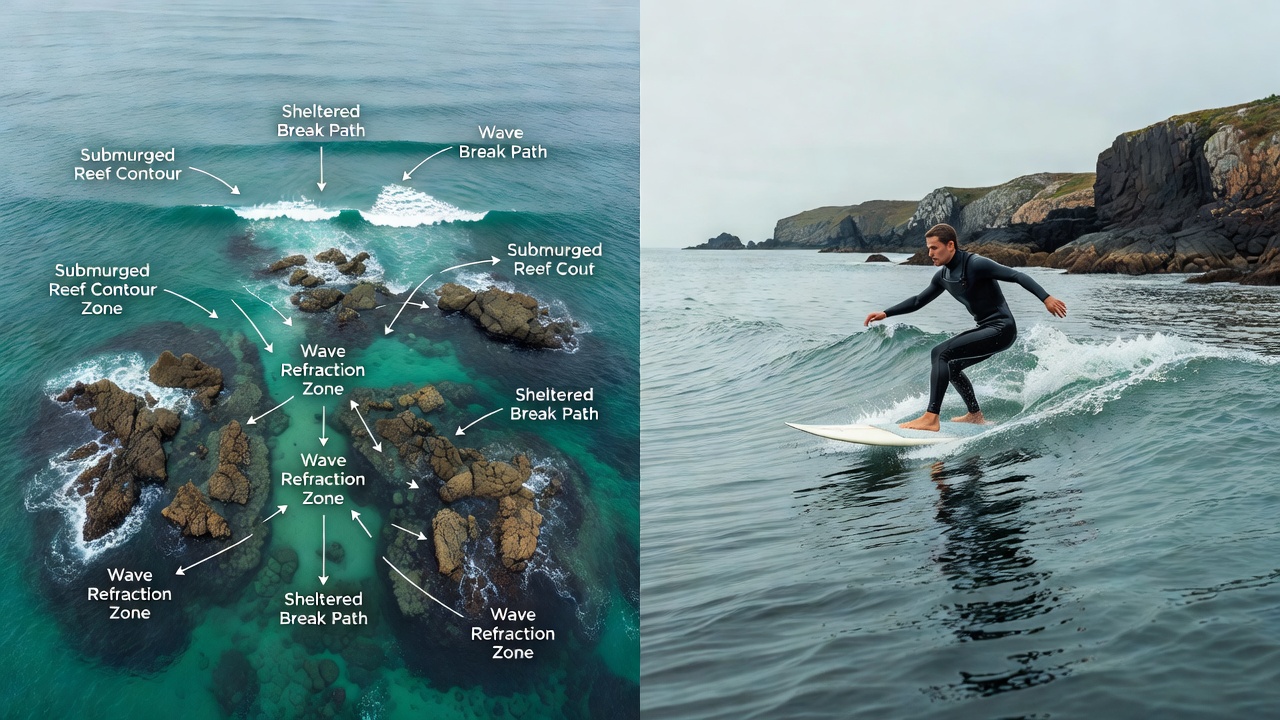 Surfer positioning over submerged rock-influenced wave break in a northern inlet